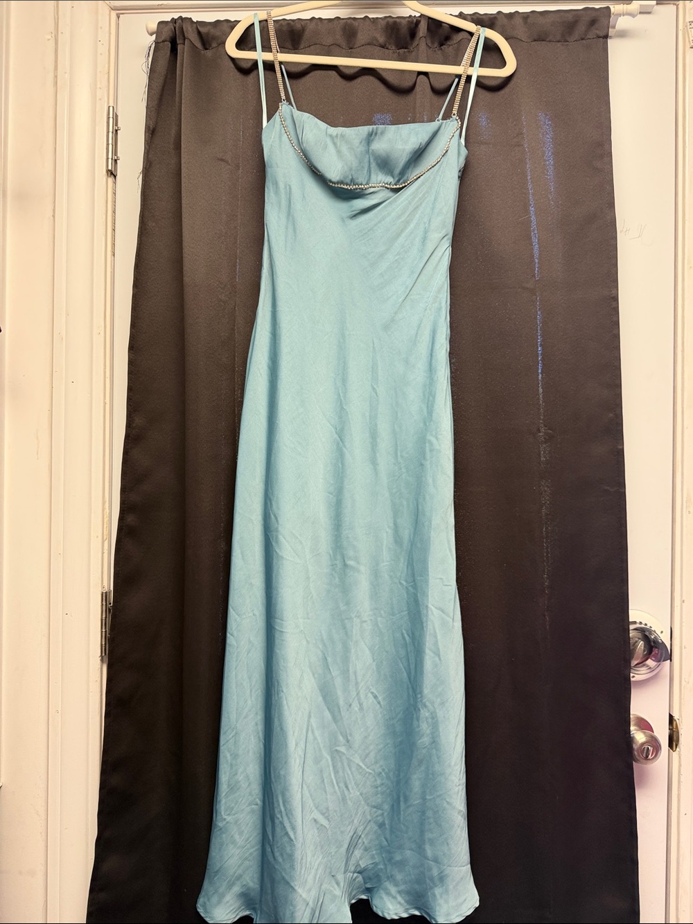 Spaghetti Strap Teal Satin Slip Prom Dress